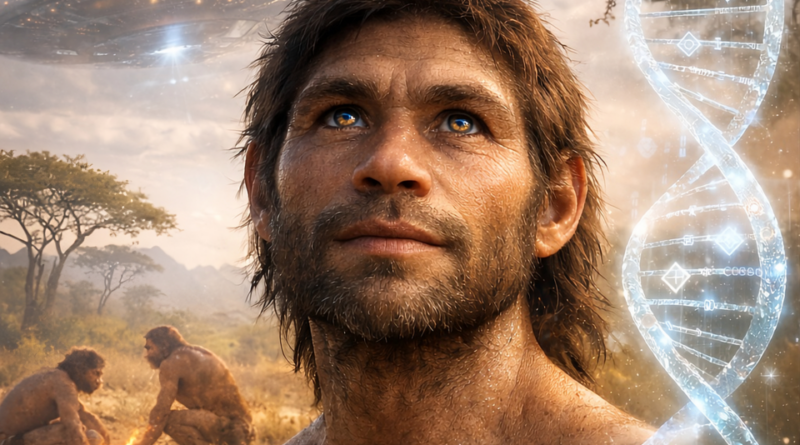 missing link, ancient aliens, extraterrestrial dna, human evolution, genetic modification, alien intervention, ufo, double helix, evolution theory, primitive human, hominid, paleoanthropology concept, alien contact, sci fi concept, origins of humanity, ai generated
