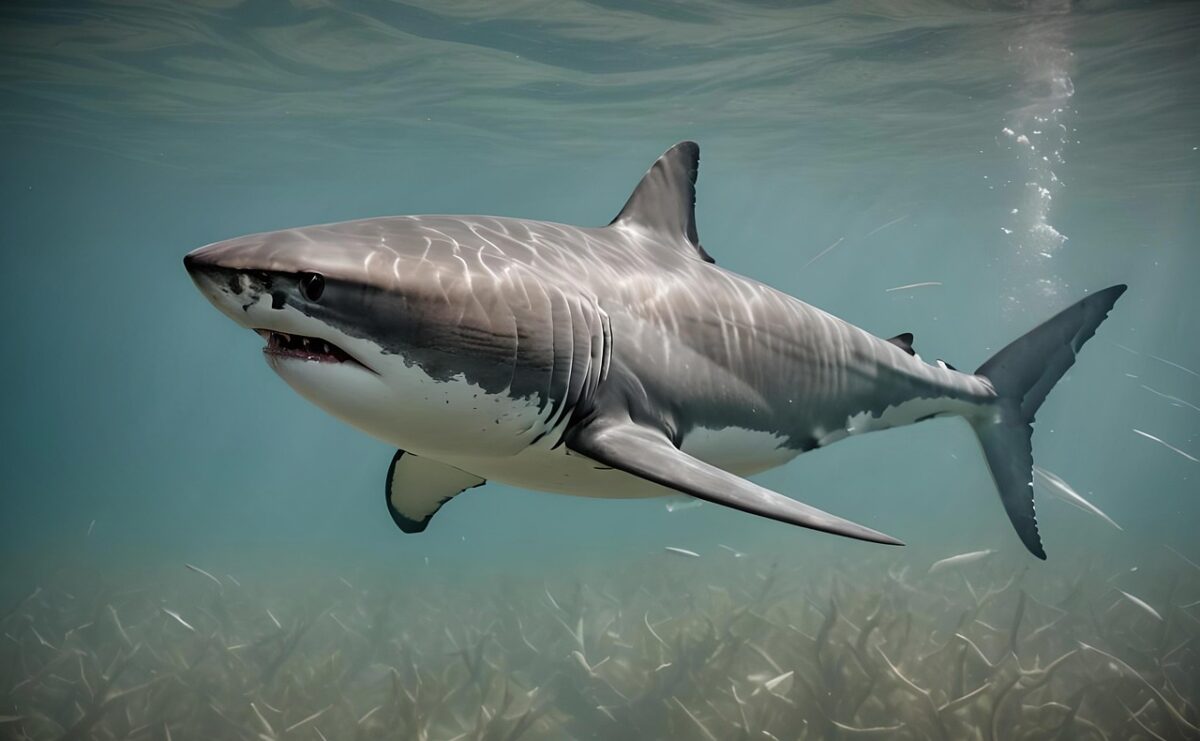 ai generated, great white shark, shark, fish, ocean, sea, animal, underwater, predator, marine, water, teeth, wildlife, jaws, dangerous, swimming, fauna, nature, hunter, fins