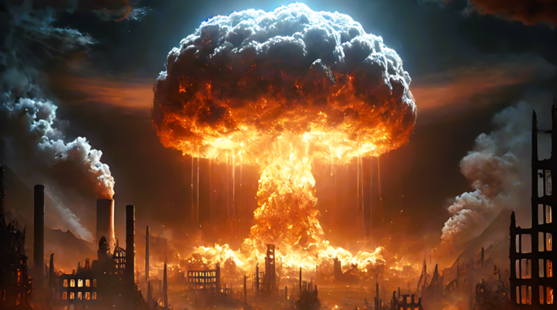 ai generated, atomic bomb, mushroom cloud, nuclear explosion, explosion, destruction, apocalyptic, aggression, weapons of mass destruction, atomic age, nuclear war, nuclear fission, fantasy