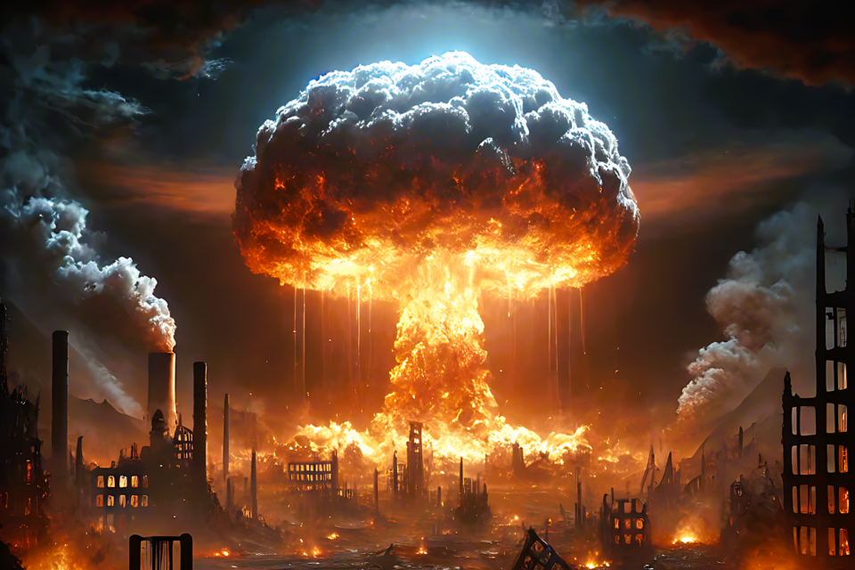 ai generated, atomic bomb, mushroom cloud, nuclear explosion, explosion, destruction, apocalyptic, aggression, weapons of mass destruction, atomic age, nuclear war, nuclear fission, fantasy