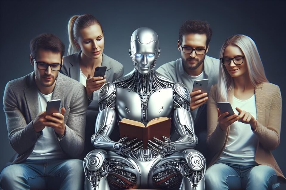 ai generated, robot, reading, humanoid, social networks, artificial intelligence, smartphone, book