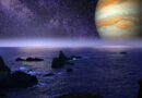 alien planet, jupiter, ocean, stars, galaxy, milky way, celestial, space, moon, europa, night, nature, mysterious, magical, scifi