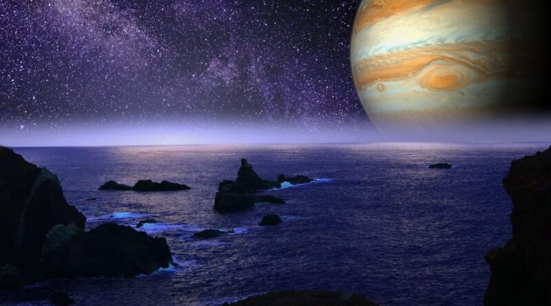 alien planet, jupiter, ocean, stars, galaxy, milky way, celestial, space, moon, europa, night, nature, mysterious, magical, scifi