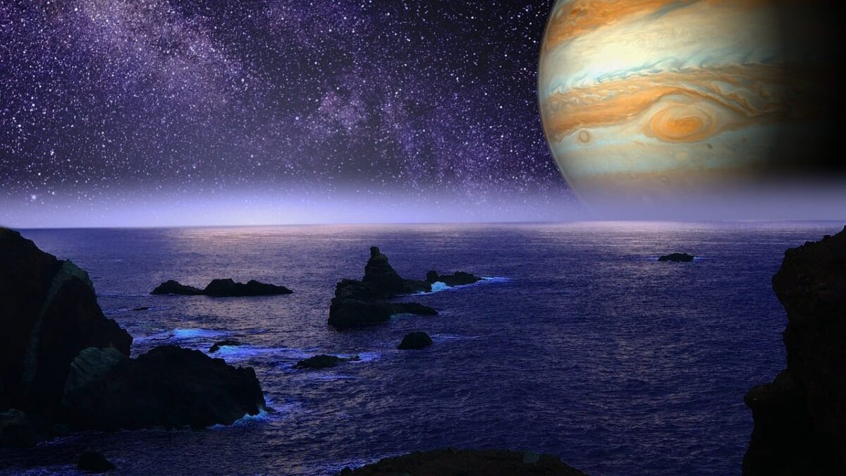 alien planet, jupiter, ocean, stars, galaxy, milky way, celestial, space, moon, europa, night, nature, mysterious, magical, scifi