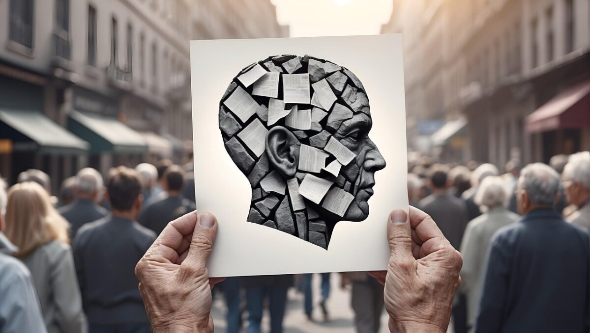 ai generated, road, alzheimer's, dementia, brain, face, head, fragments, hole, memory, gap, recognize, disease, loss, thinking ability