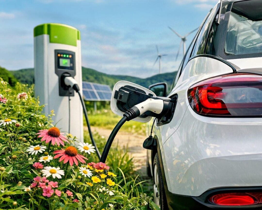 electric car, ev, load, flower background, renewable energy, green energy, solar panels, wind turbines, durability, environmentally friendly, nature, flowers, automotive, beautiful flowers, transportation, flower wallpaper, technology, environment, future, clean energy, outdoor, charging station, modern, ai generated
