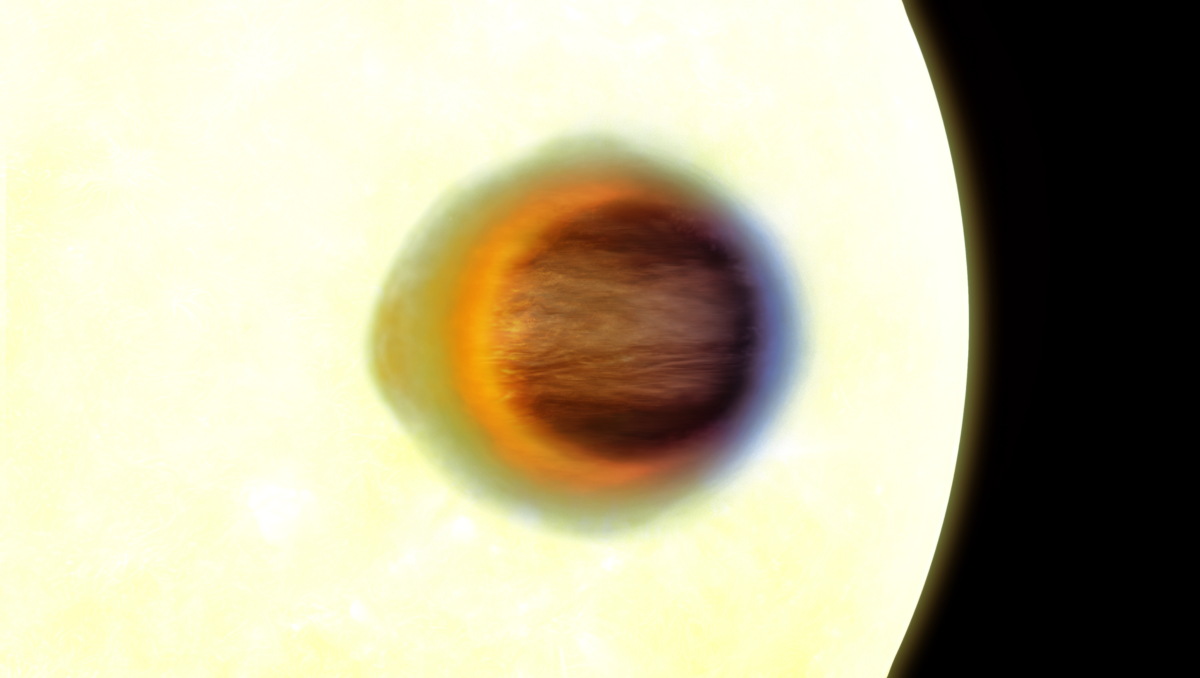Tranzit WASP-17b před svou hvězdou odhaluje tvar její absorpční atmosféry pomocí pozorování JWST. Horká, protažená červená strana je plyn transportovaný z trvale ozářené denní strany planety přes večerní okraj, chladnější modrá strana je méně protažená, protože plyn se na noční straně planety ochladil a je transportován přes ranní okraj. Tuto techniku ​​lze použít k měření měnících se povětrnostních podmínek kolem planety a rozlišit tvar planety jako funkci úhlu kolem vysílajícího okraje. 